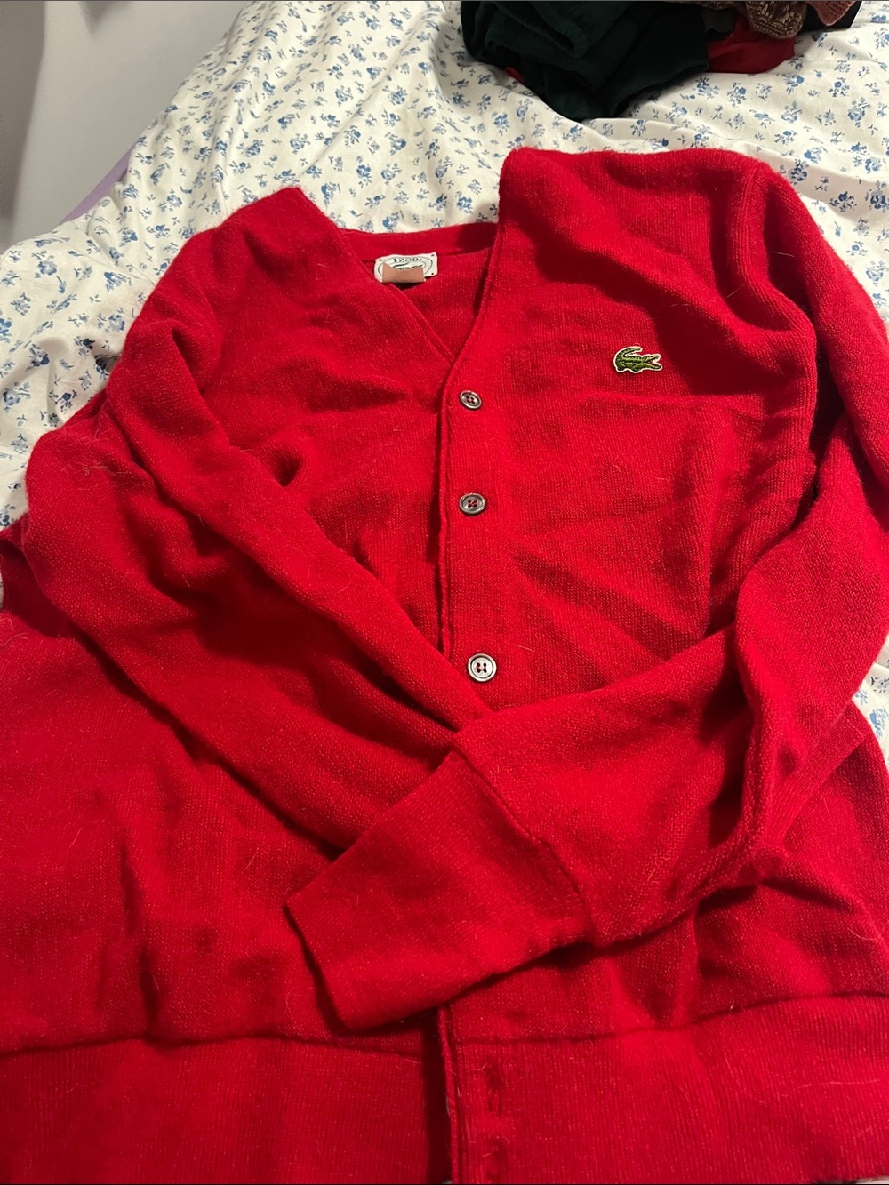 VTG IZOD Men’s Lacoste Cardigan Sweater Red Orlon Acrylic Blue Croc Logo 70’s/80
